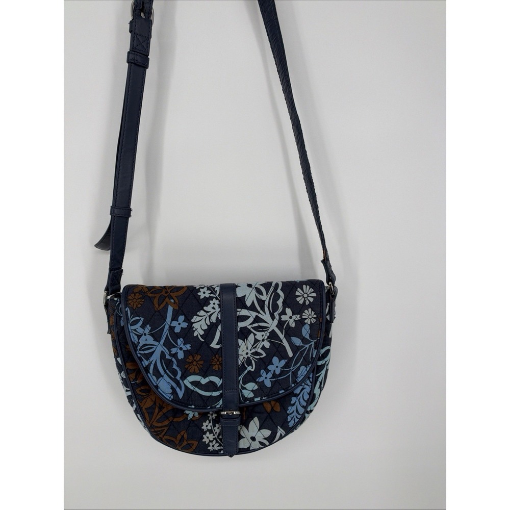 Vera Bradley Slim Saddle Bag Java Floral Navy Blue Crossbody Purse Retired